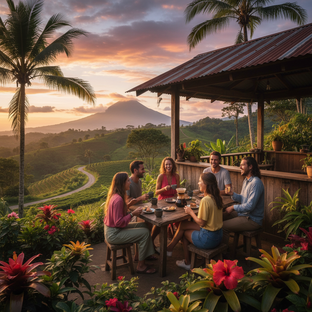 friends gathering at a coffee shop in Costa Rica