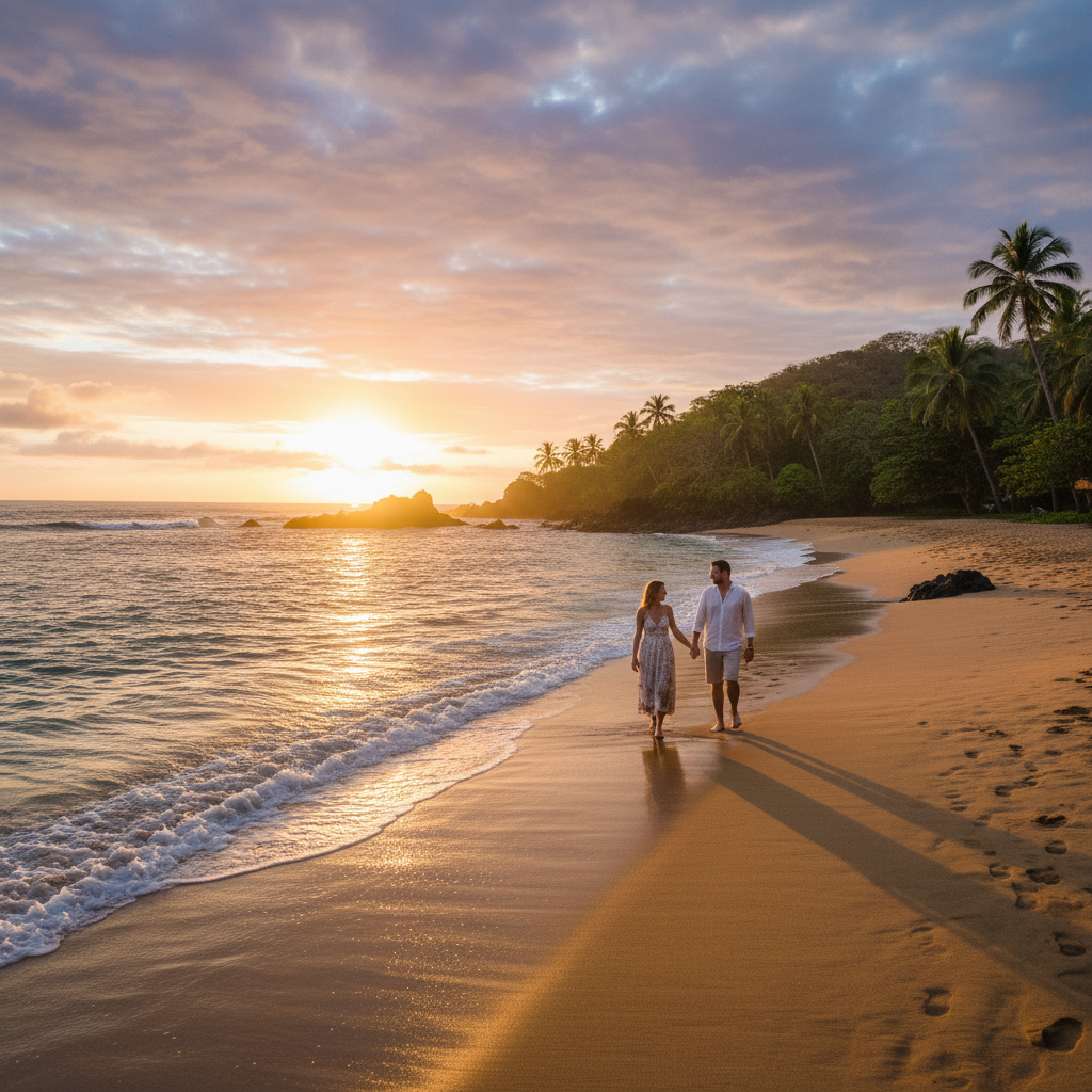 romantic couple walking on a Costa Rican beach