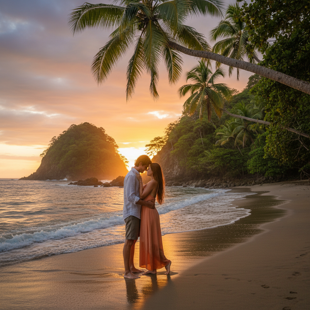 Couple Manuel Antonio Costa Rica beach tropical romantic sunset