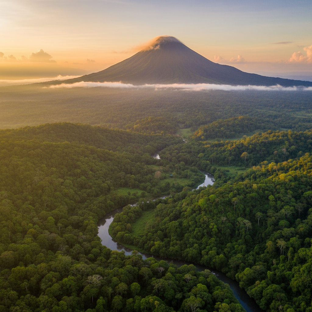 Costa Rica rainforest Arenal volcano misty jungle aerial green