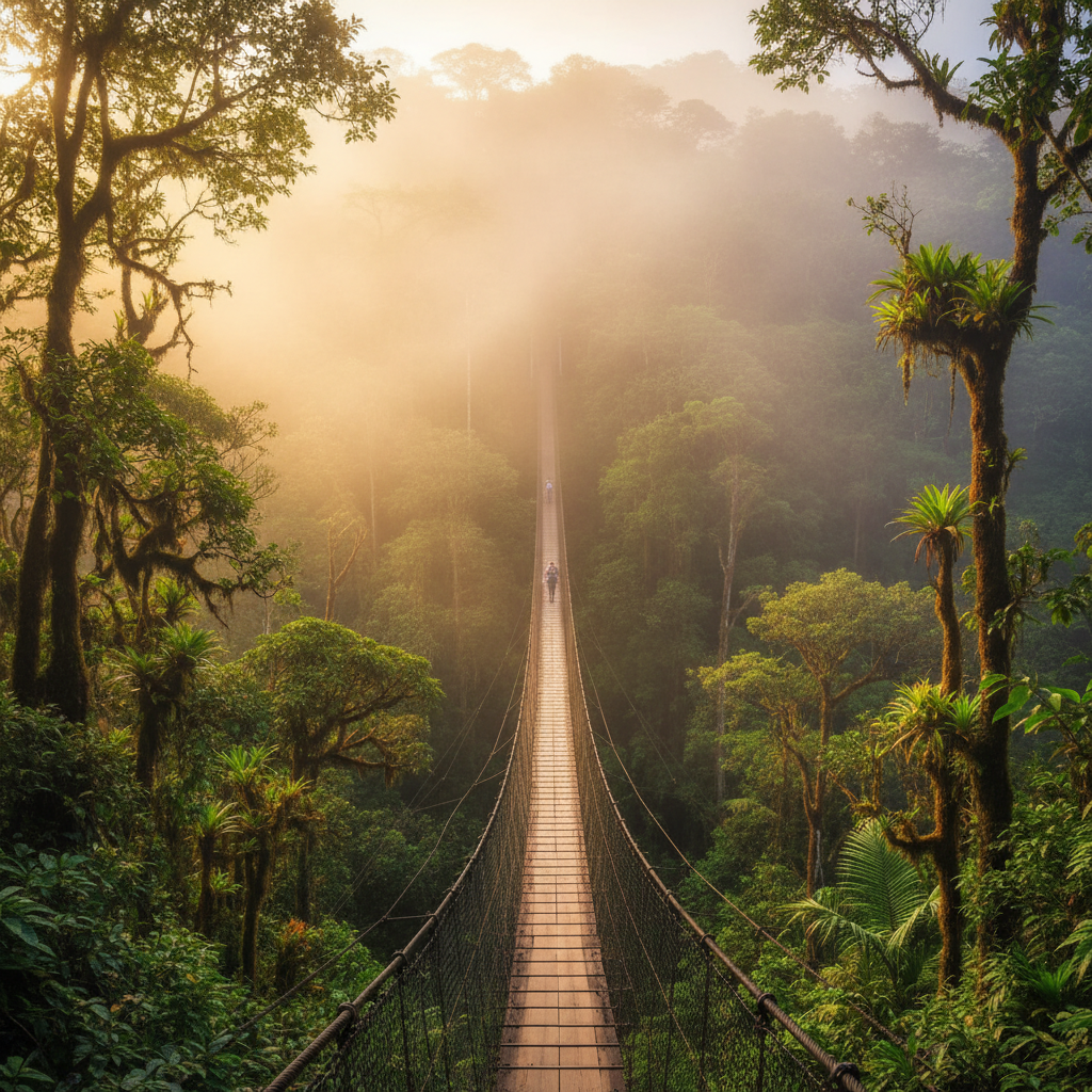 Monteverde Cloud Forest Costa Rica suspension bridge misty