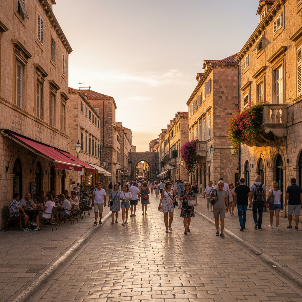 Street scene in Dubrovnik old town, people walking, horizontal