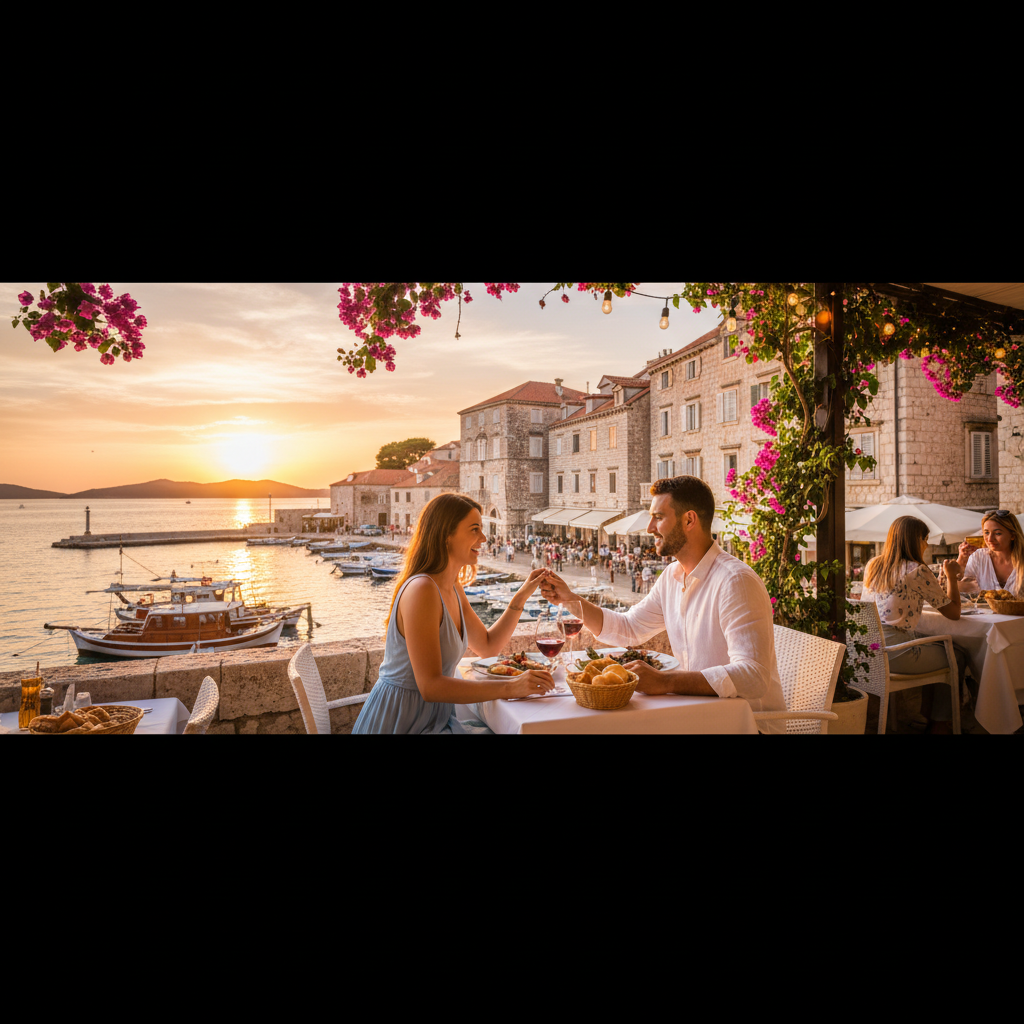 Couple looking at each other on a date in a Split restaurant, horizontal