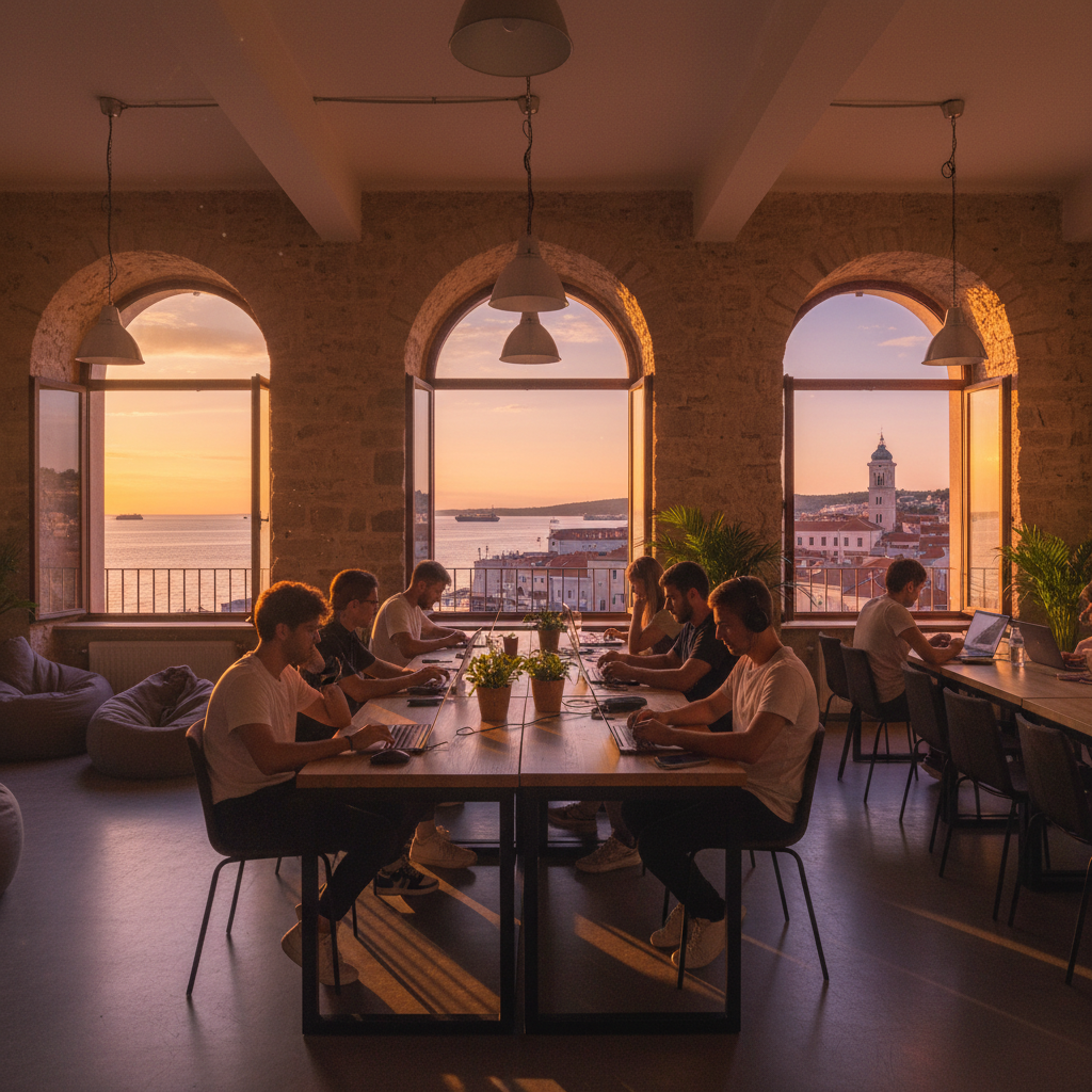 People working on laptops in a co-working space in Rijeka, horizontal