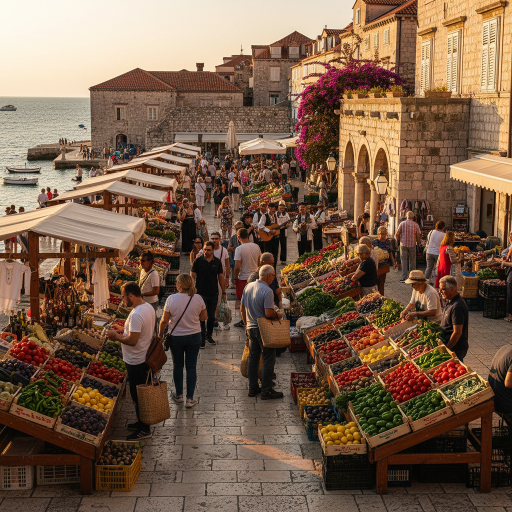 Vibrant marketplace in a Croatian city, people interacting, horizontal