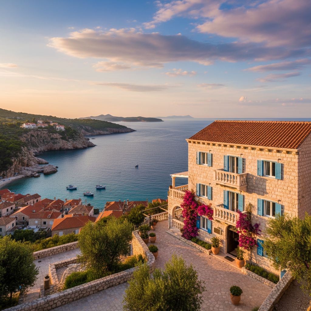 Charming boutique hotel exterior in a coastal Croatian town, horizontal