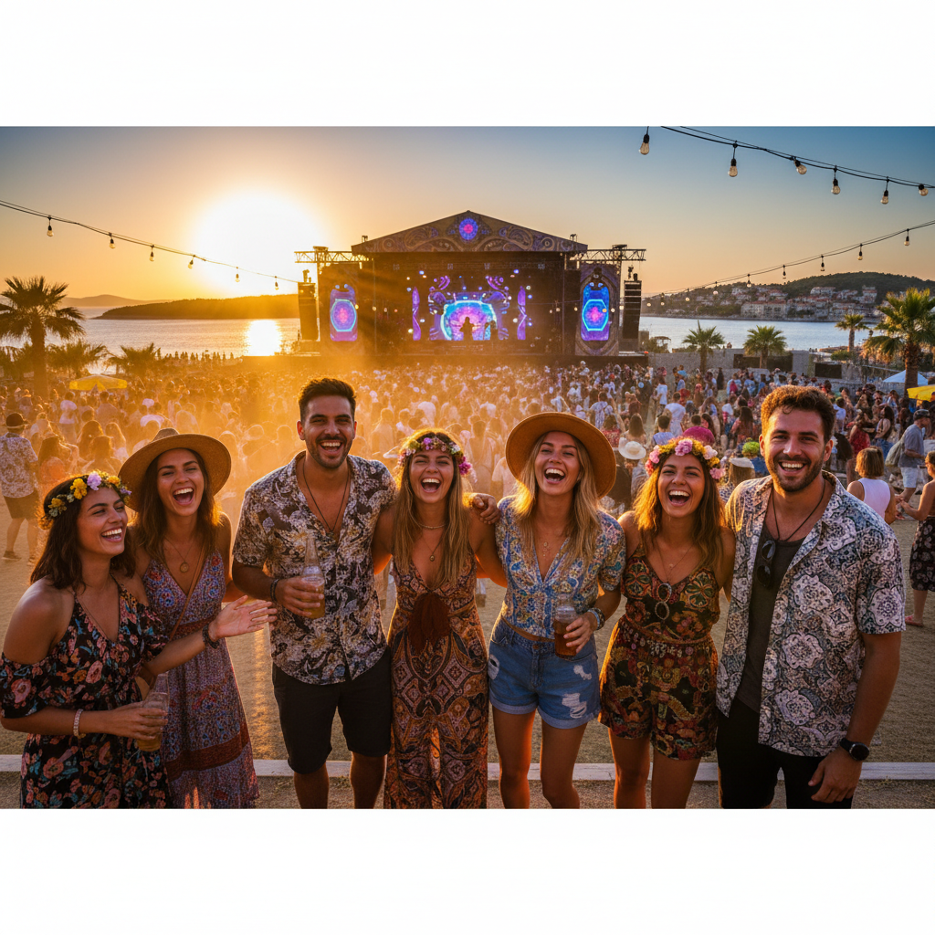 Group of friends laughing together at a festival in Croatia, horizontal