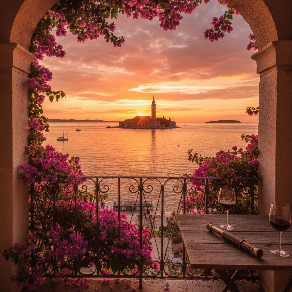 Romantic sunset view from a balcony in Rovinj, horizontal