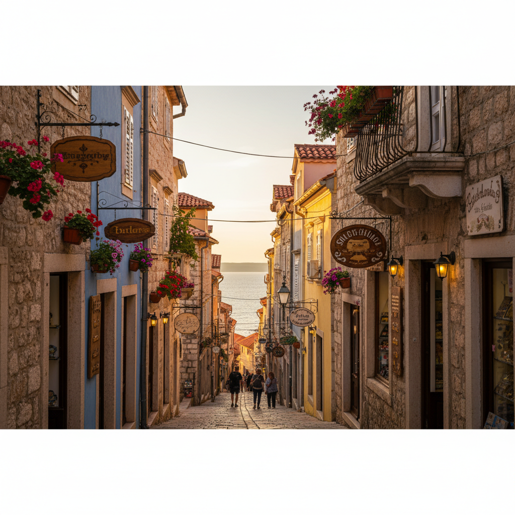 Boutique shops along a narrow street in a Croatian town, horizontal