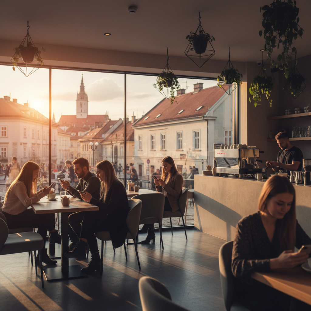 Young adults using smartphones in a modern cafe in Zagreb, horizontal