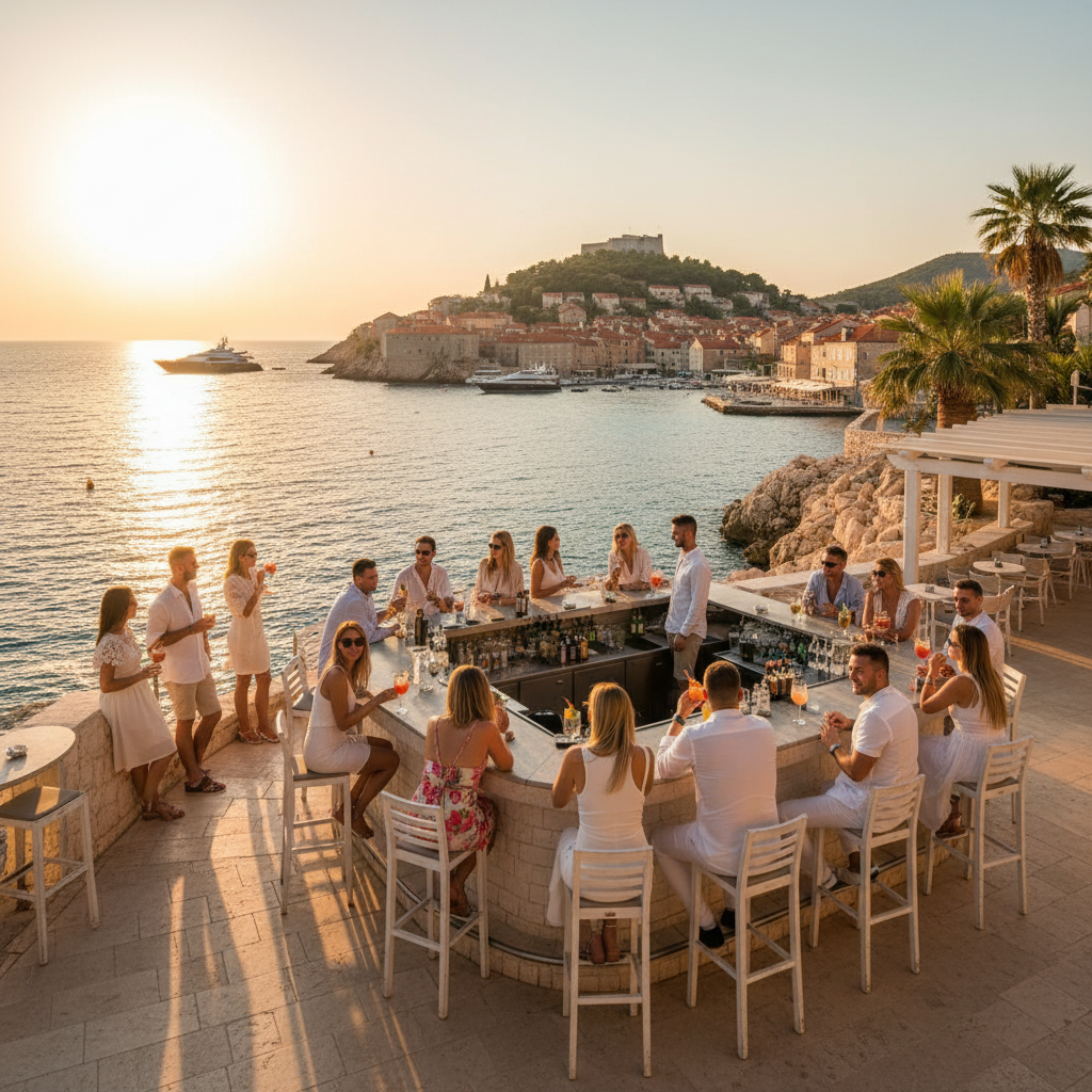 People enjoying a drink at an outdoor bar in Hvar, horizontal