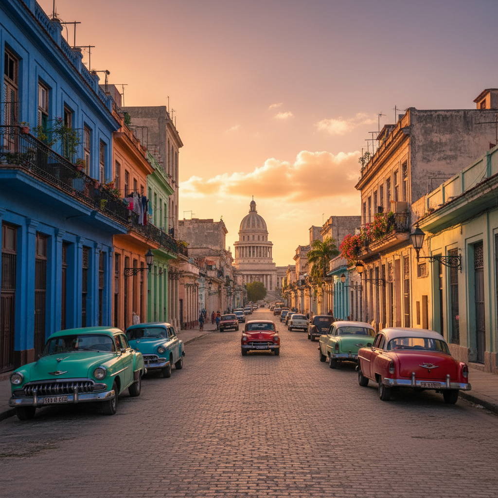 Havana cityscape, colorful buildings, street view, horizontal photo