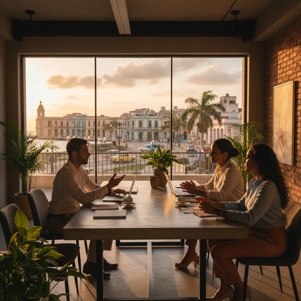 Cuban entrepreneurs discussing business, modern office, horizontal photo