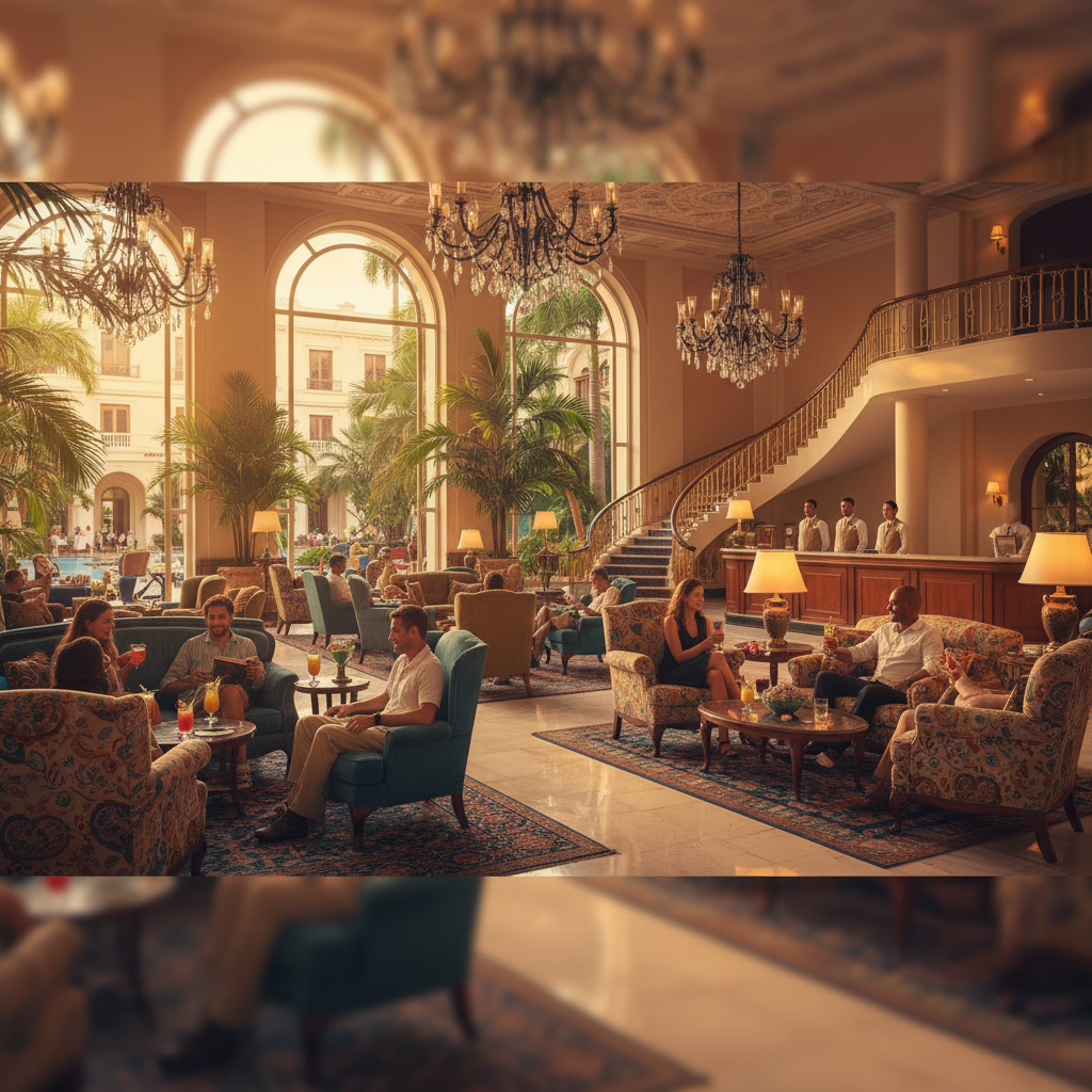 hotel lobby in Havana, guests relaxing, horizontal photo