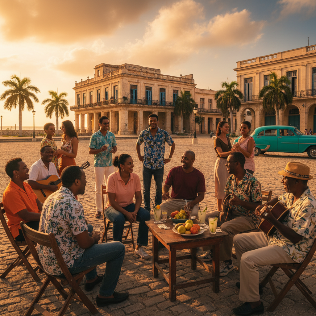 diverse group of Cubans connecting, social gathering, horizontal photo