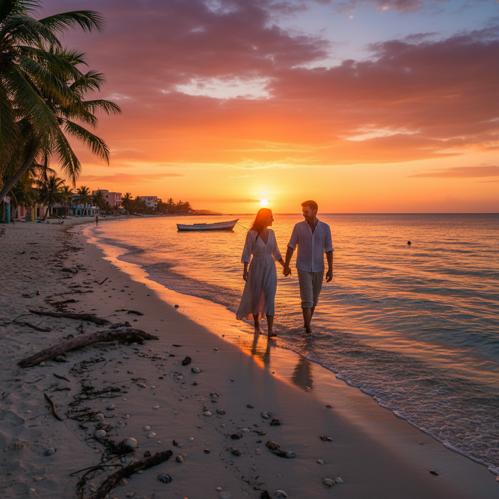 romantic couple walking on a Cuban beach at sunset, horizontal photo