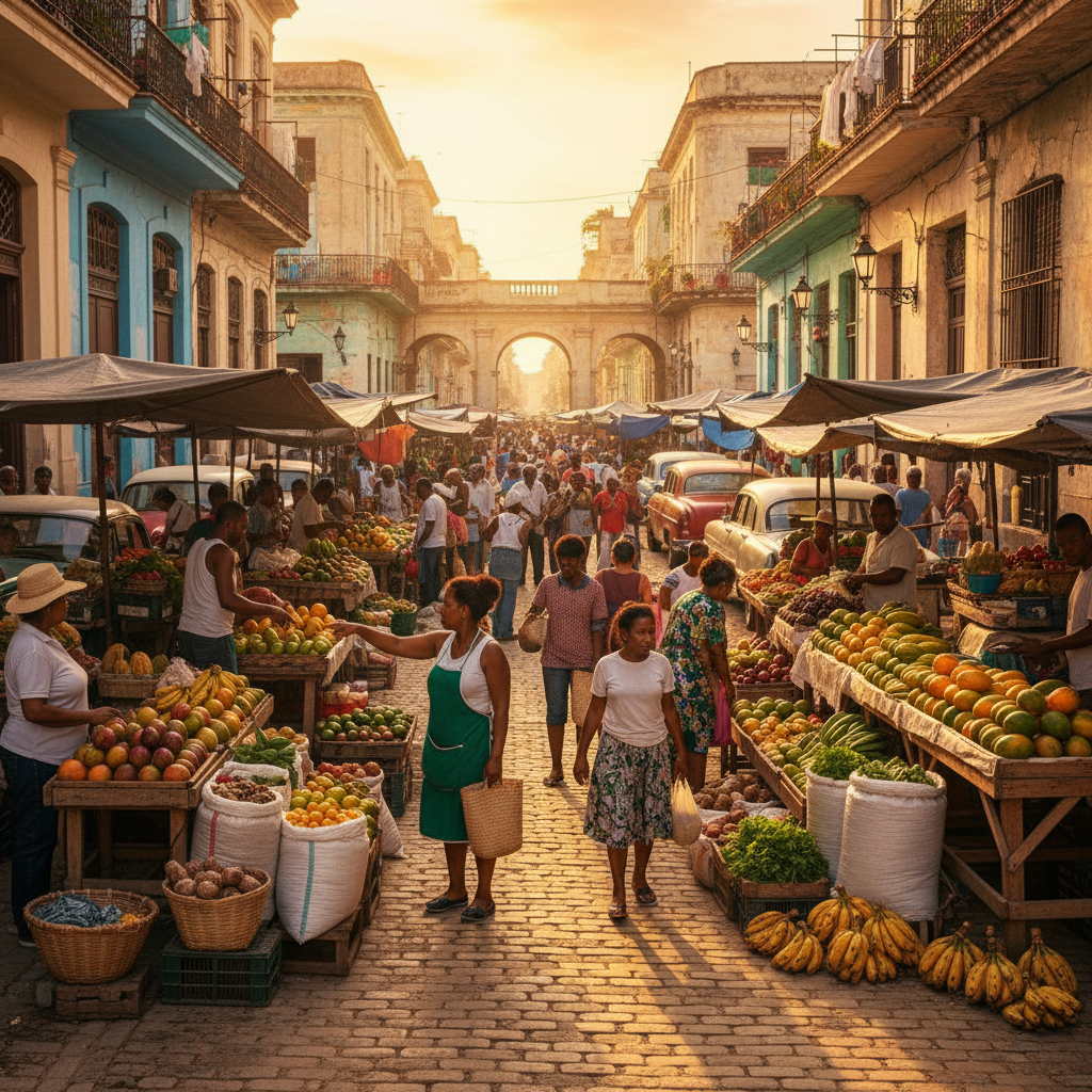 Cuban street market, vendors and shoppers, vibrant, horizontal photo