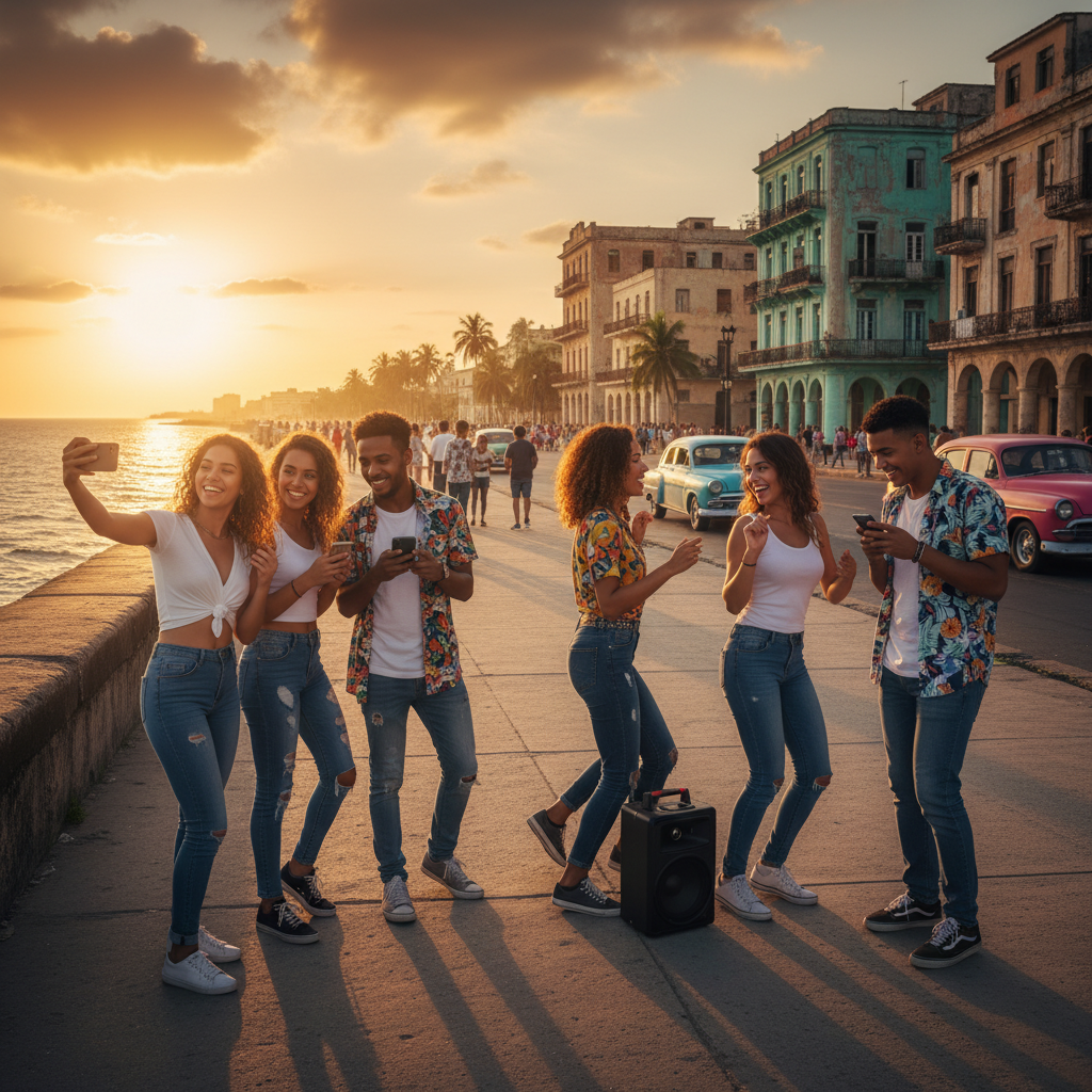 Cuban social media trends, young people on phones, dance, horizontal photo