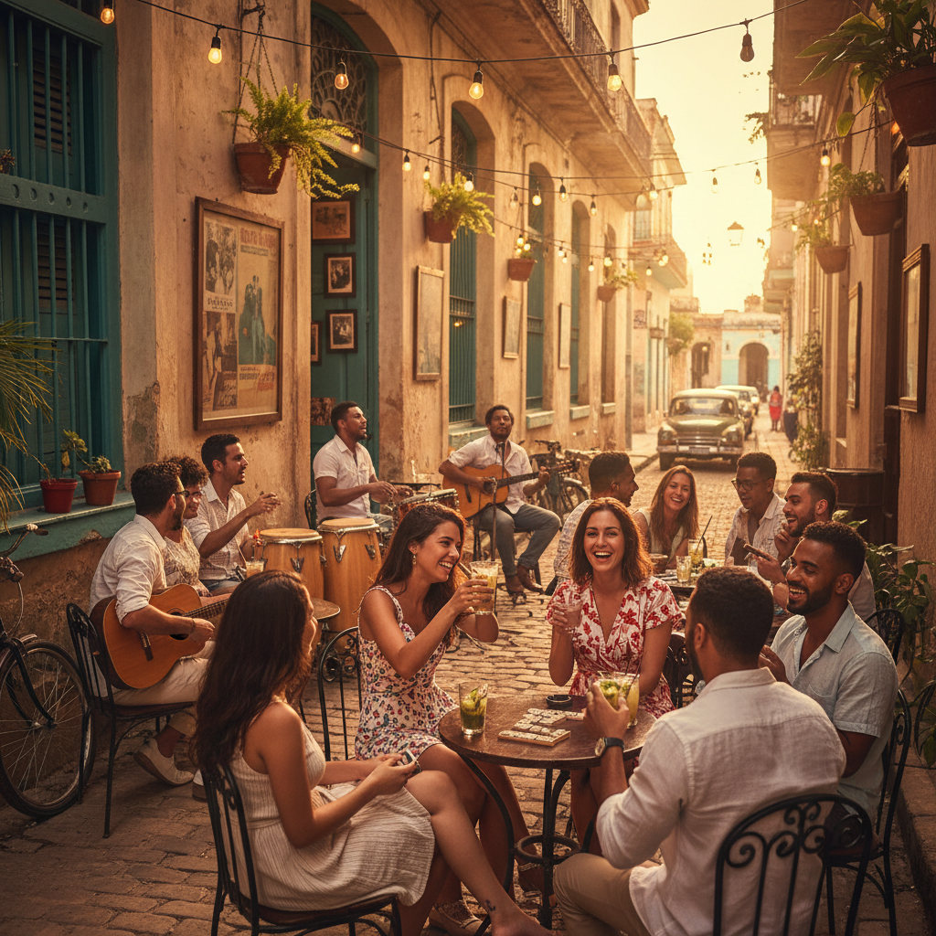 young adults socializing in a Cuban cafe, lively atmosphere, horizontal photo