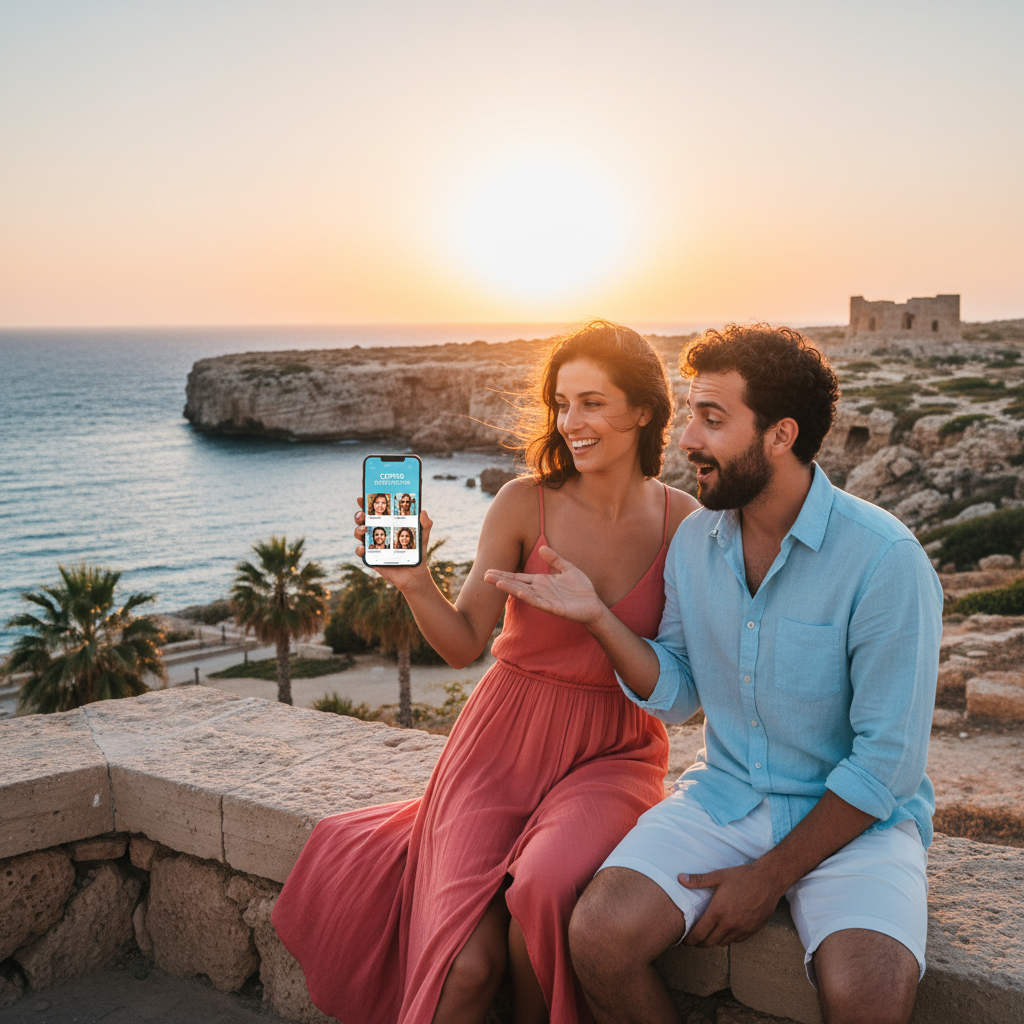 Couple on a modern dating app in Cyprus horizontal