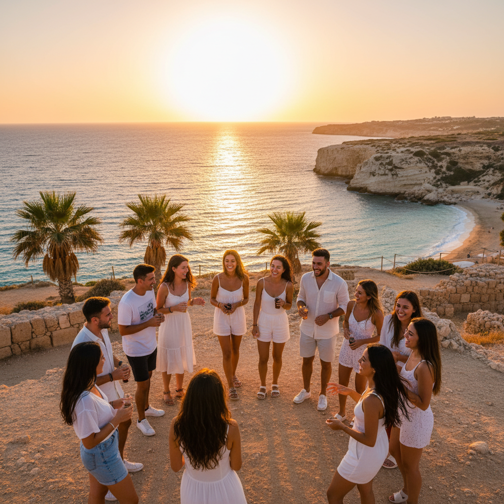 Diverse group of young people socializing in Cyprus horizontal