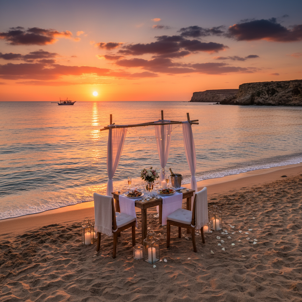 Romantic sunset dinner on a Cyprus beach horizontal