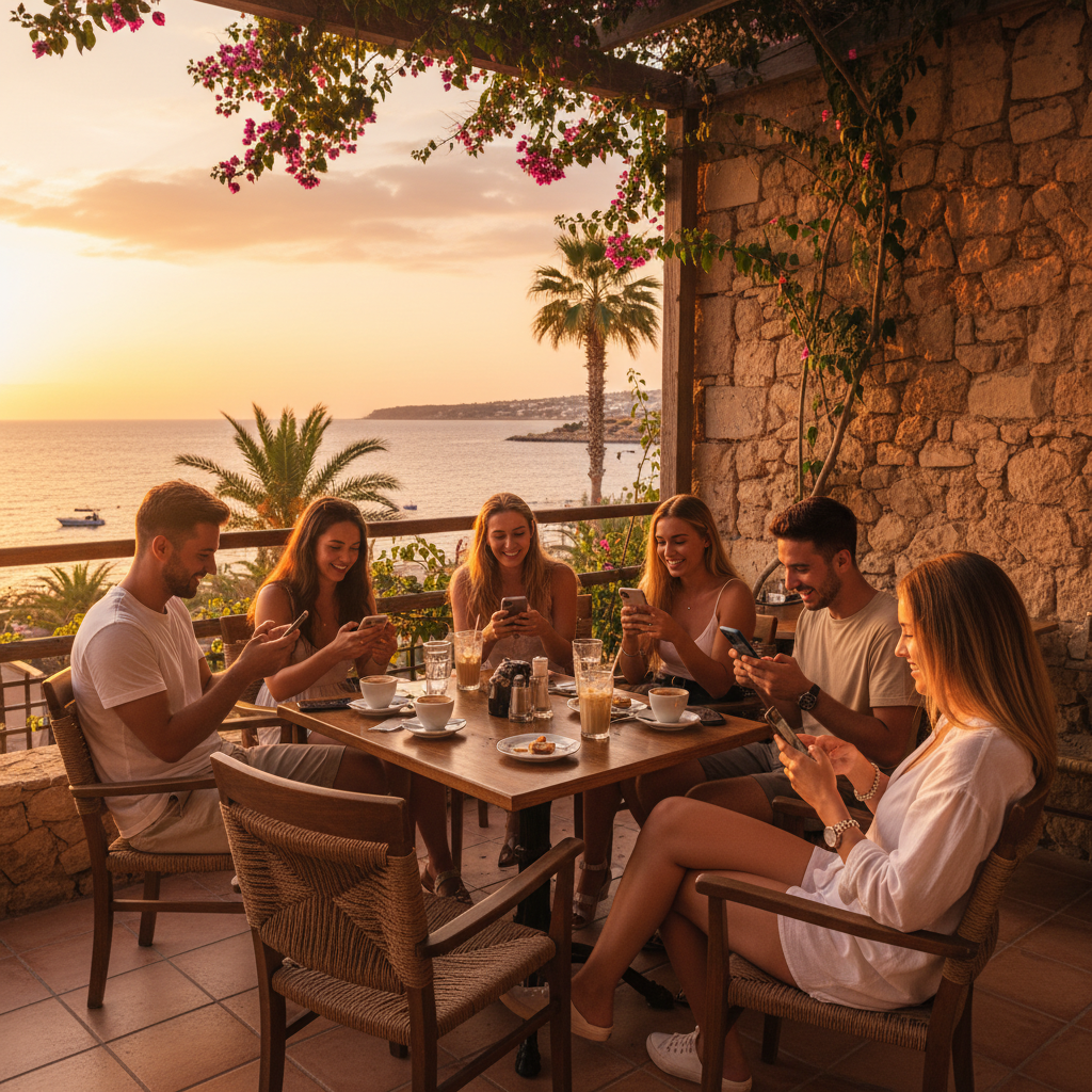 Young adults using smartphones in Cyprus cafe horizontal