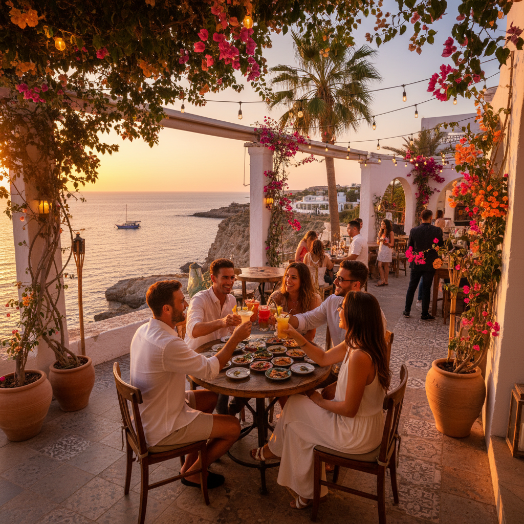 Friends meeting at a lively bar in Cyprus horizontal