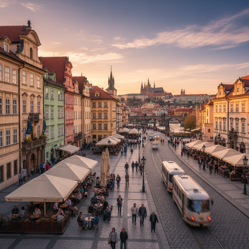 street view of Prague cityscape with bustling cafes, horizontal