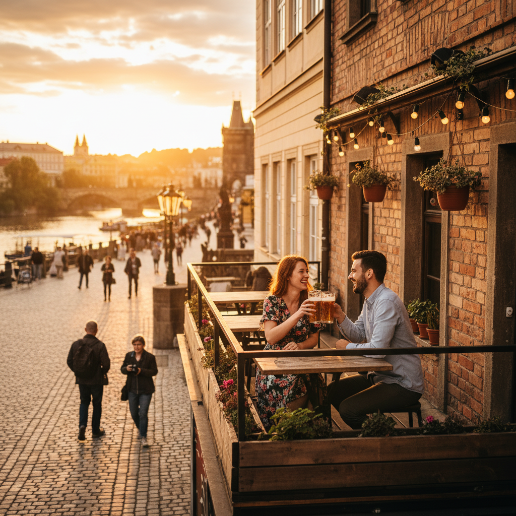 couple on a first date at a trendy bar in Czechia, horizontal