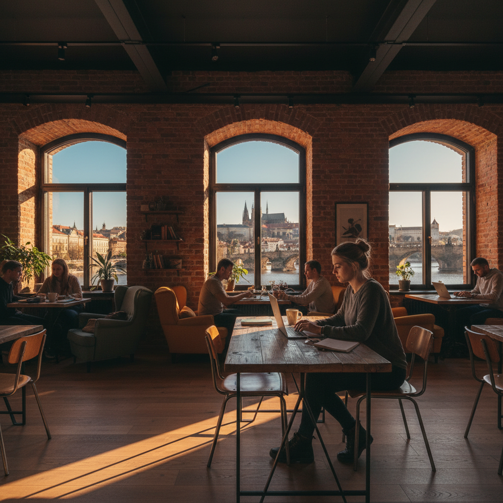 young entrepreneur working on a laptop in a co-working space in Czechia, horizontal
