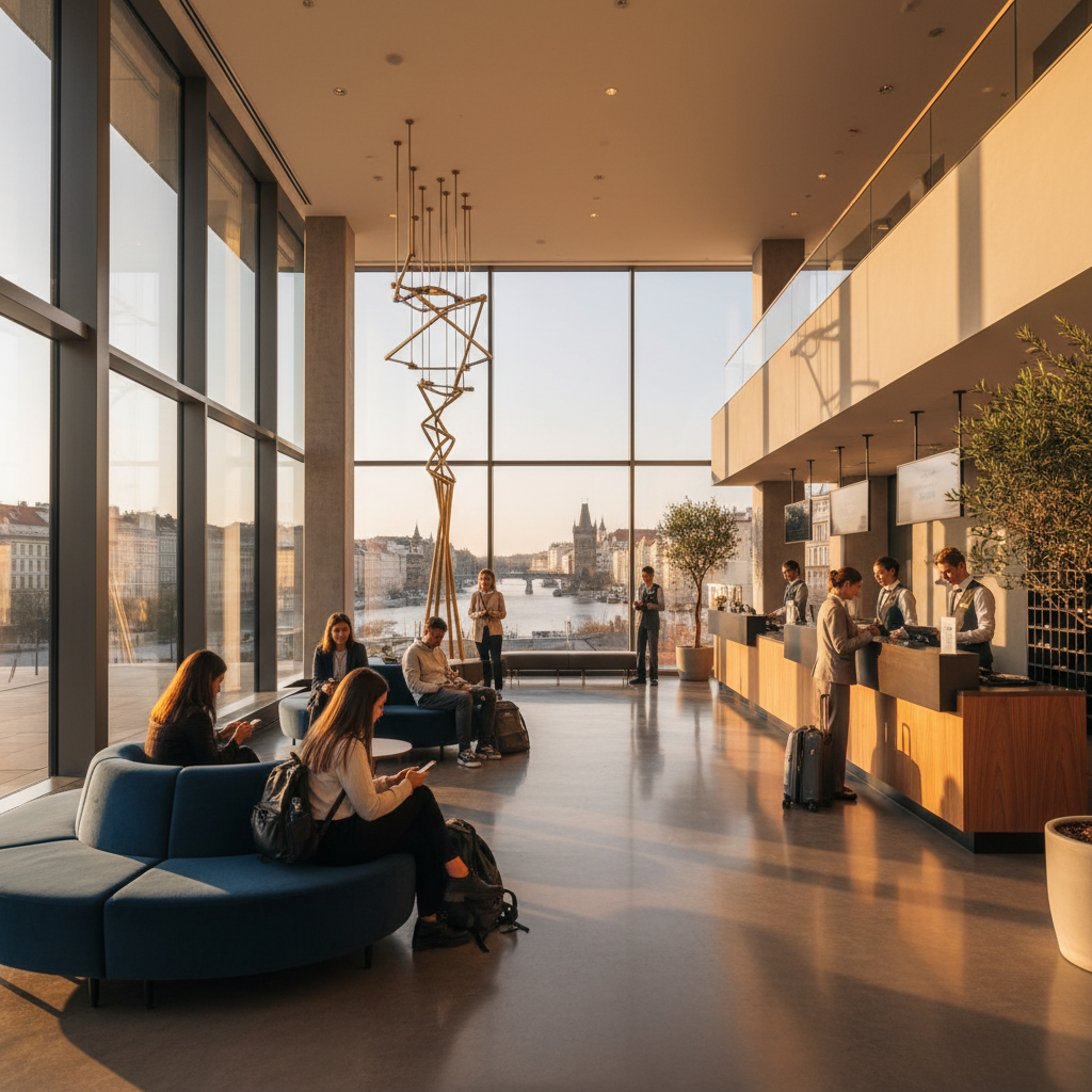 modern hotel lobby in Prague with young travelers, horizontal