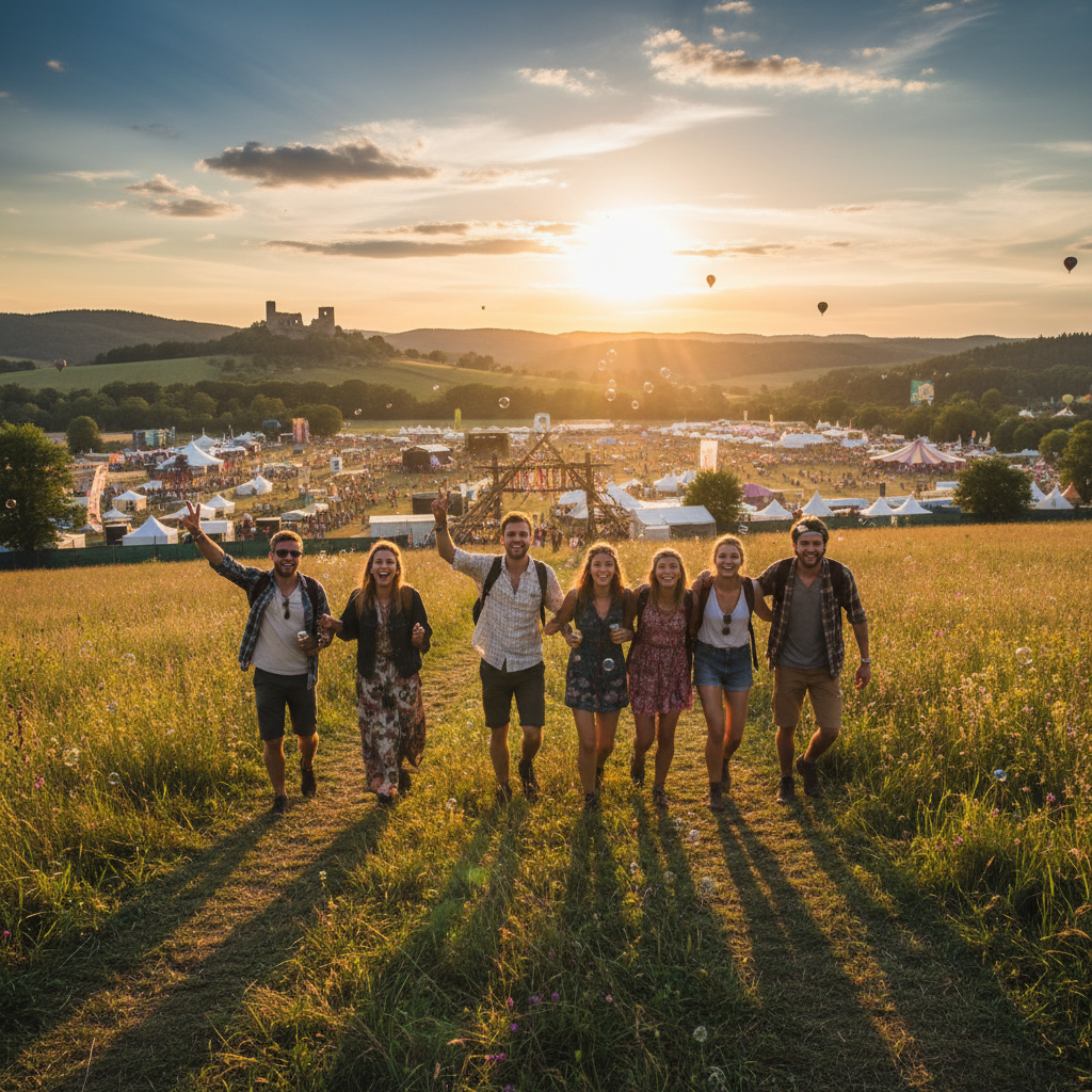 diverse group of friends joining an outdoor festival in Czechia, horizontal