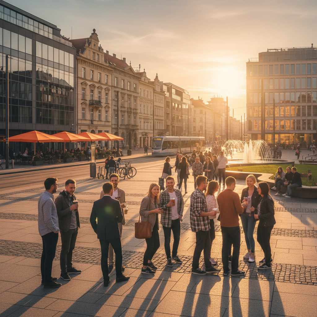 overview of young adults socializing in a modern Czech city square, horizontal