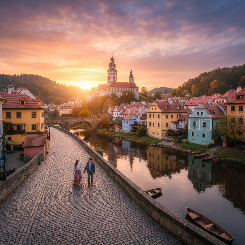 romantic evening walk in Cesky Krumlov, horizontal