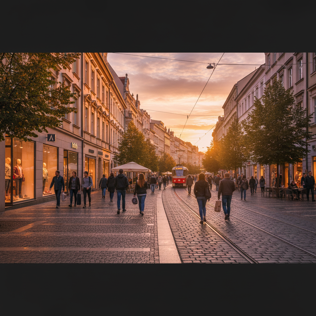 shopping street in Brno with boutique stores, horizontal