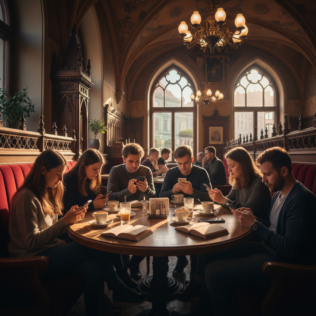group of young people using smartphones in a Czech cafe, horizontal