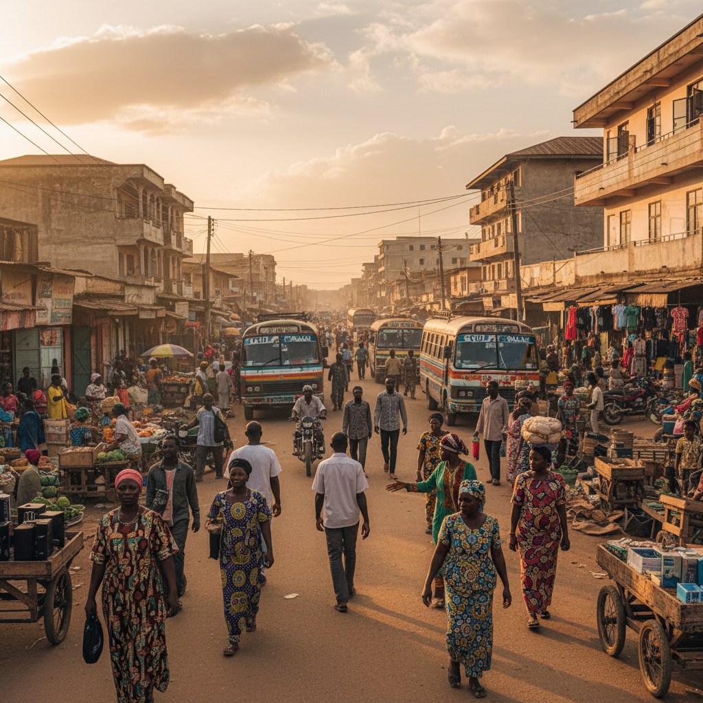 Bustling street scene in Kinshasa, Democratic Republic of the Congo, showing diverse groups of people interacting, wide shot