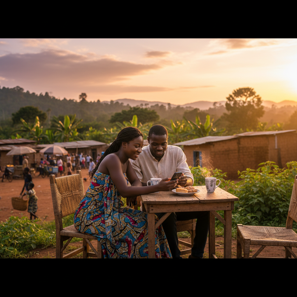 Couple on a casual date at an outdoor cafe in the Democratic Republic of the Congo, looking at a phone together, medium shot