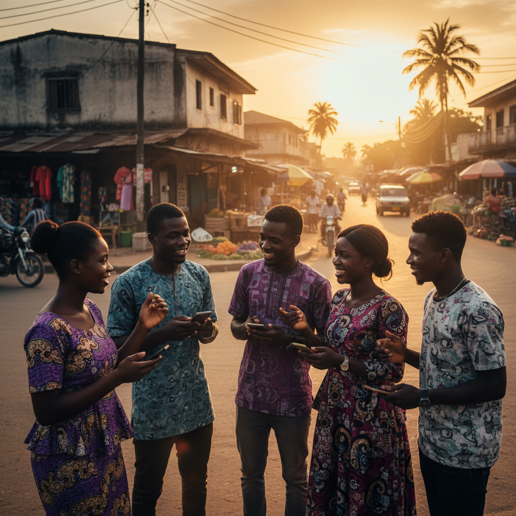 Young adults in the Democratic Republic of the Congo using mobile phones and engaging in discussions, medium shot, urban setting