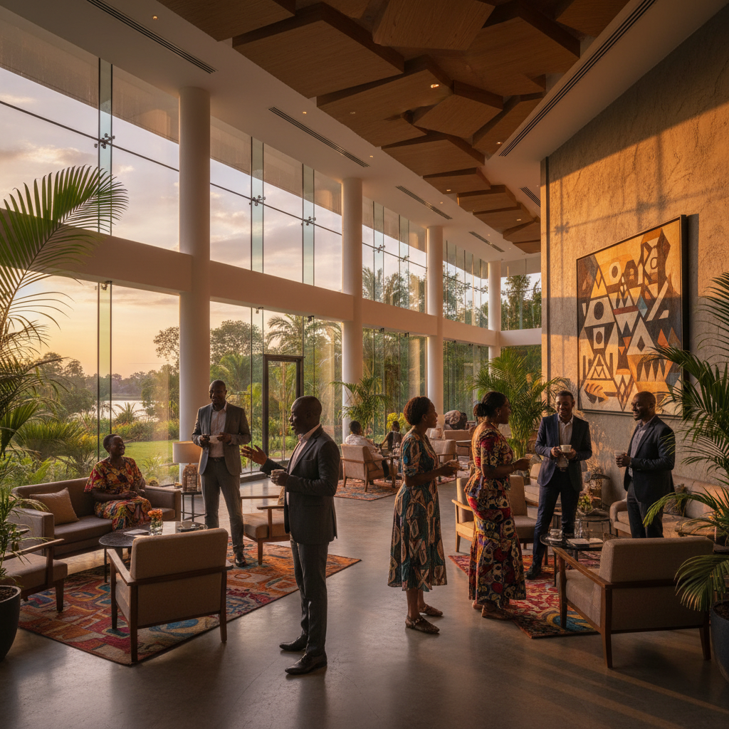 Modern hotel lobby in Kinshasa, Democratic Republic of the Congo, with people in conversation, medium shot
