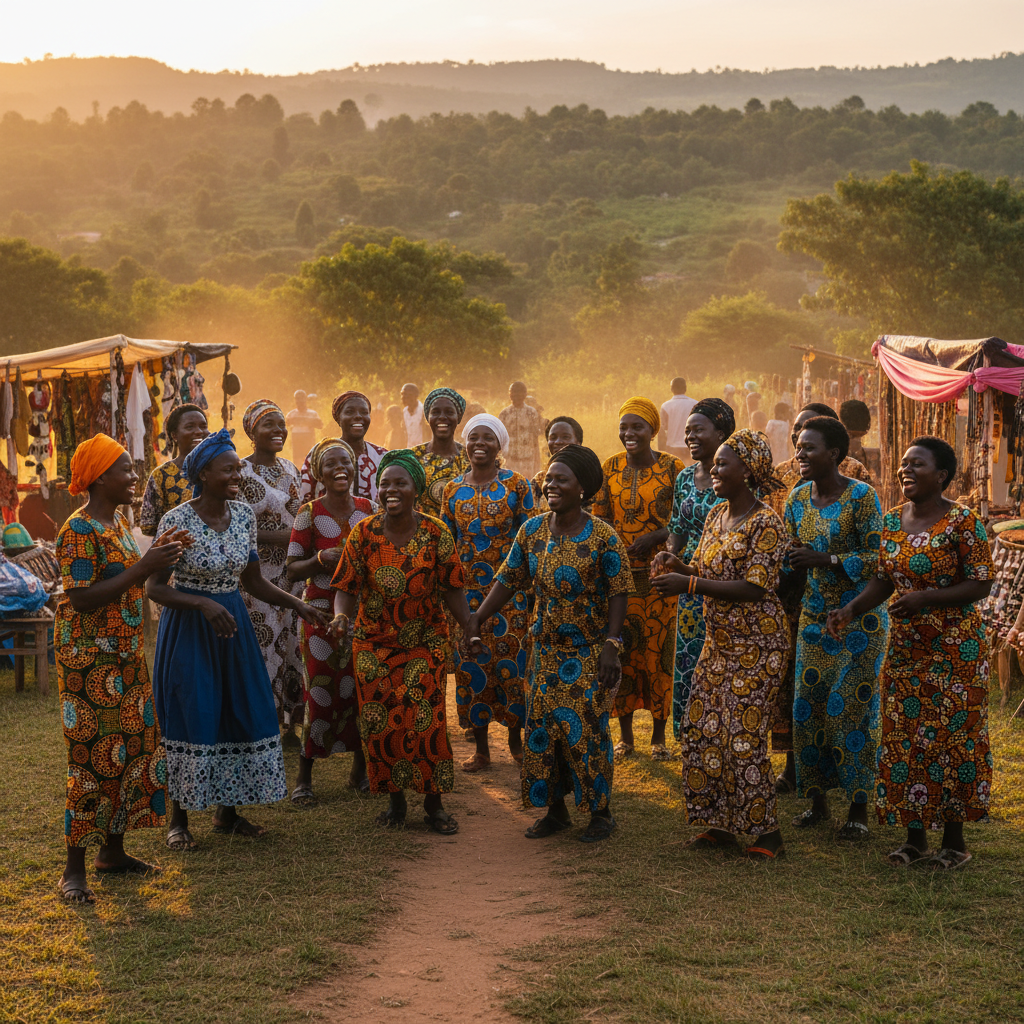 Diverse group of Congolese people participating in a social gathering or event, smiling and connecting, medium shot