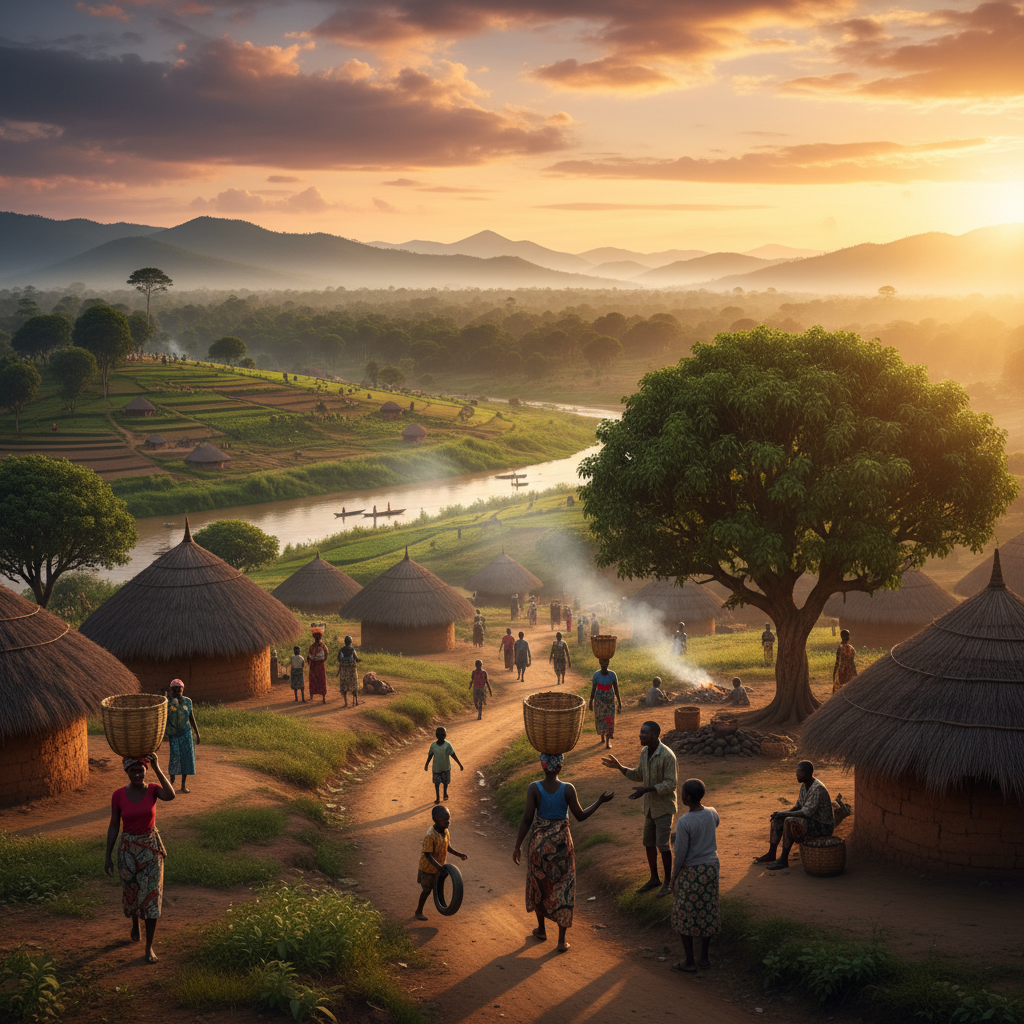 Overview of daily life and social interaction in the Democratic Republic of the Congo, wide shot, natural light