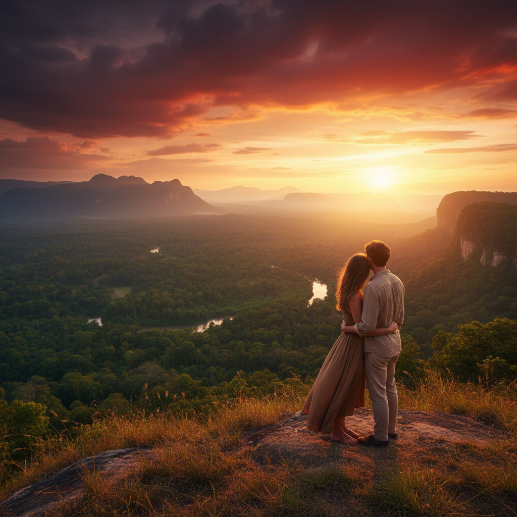 Young couple enjoying a romantic moment at a scenic viewpoint in the Democratic Republic of the Congo, sunset, wide shot