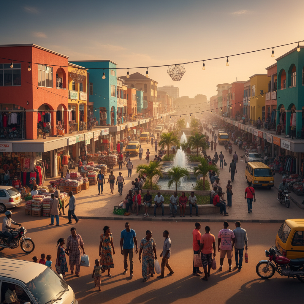 Vibrant shopping center in an urban area of the Democratic Republic of the Congo, shoppers browsing and interacting, wide shot