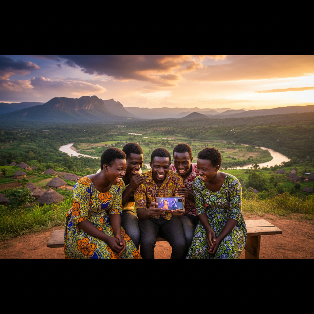 Group of friends in the Democratic Republic of the Congo sharing videos and laughing on a smartphone, close-up