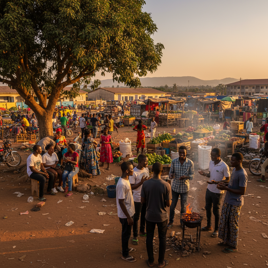 Popular meeting point for young people in Lubumbashi, Democratic Republic of the Congo, such as a busy market or park, wide shot