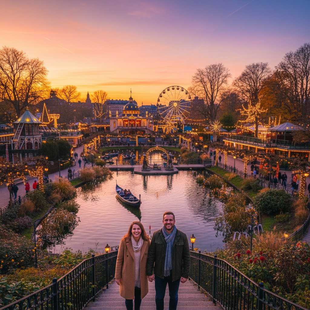 Danish couple smiling Tivoli Gardens Copenhagen romantic evening