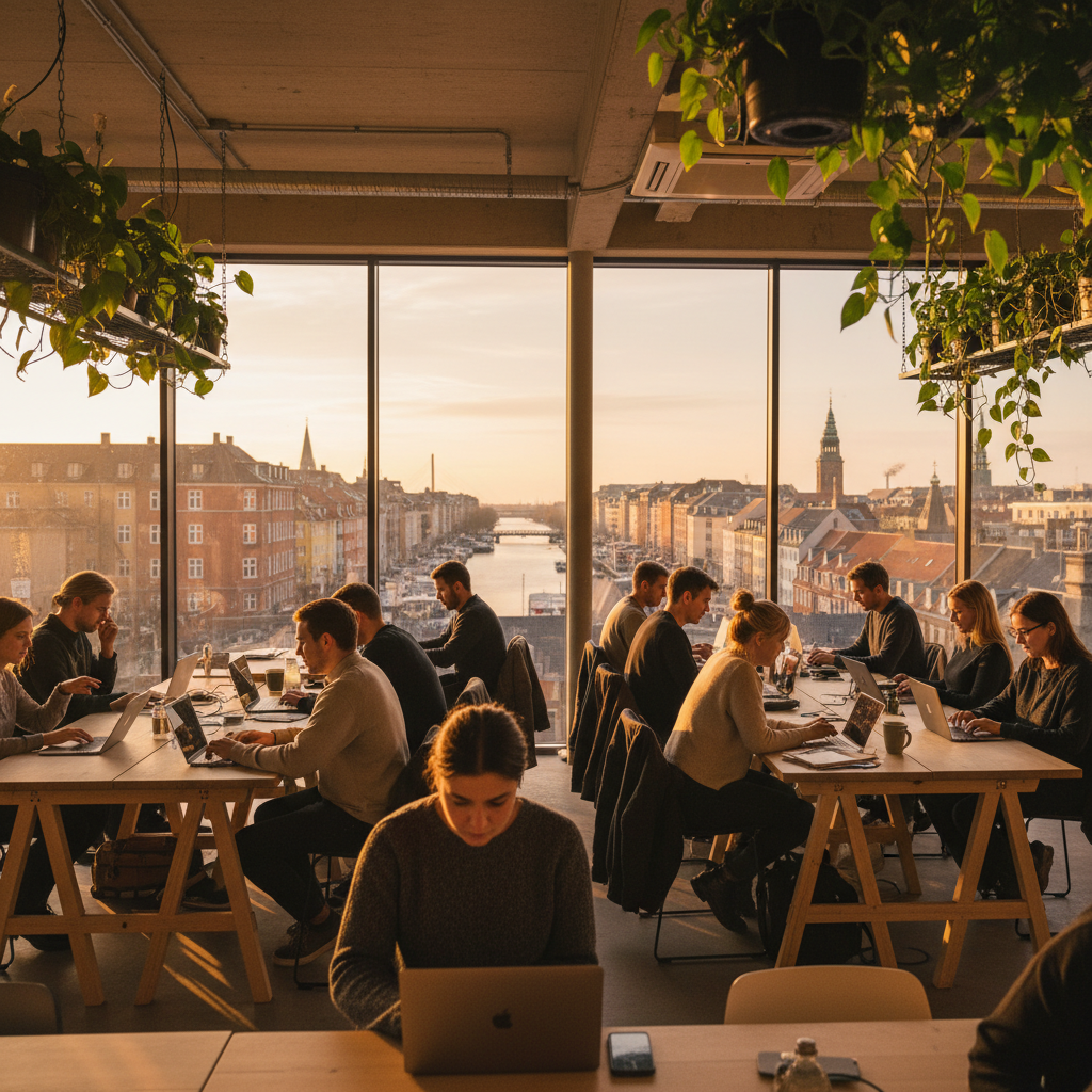People working on laptops in a co-working space in Denmark, horizontal