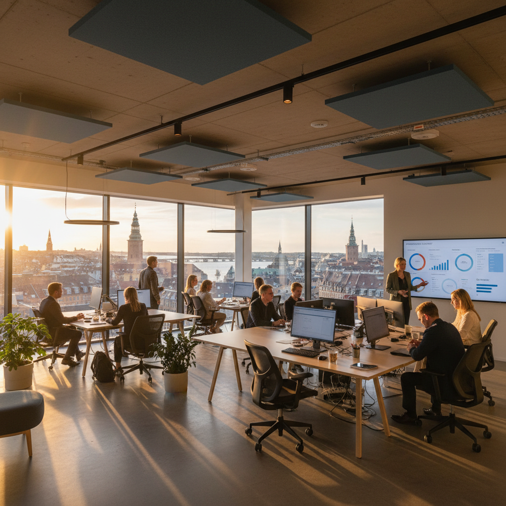 Danish economic activity in a modern office setting, horizontal